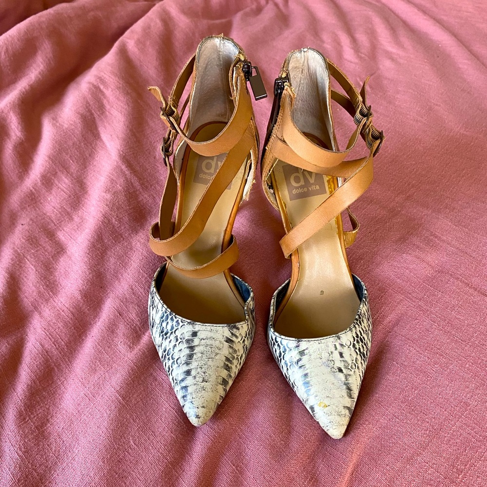 Dolce Vita size 7 brown leather straps and snake print heels